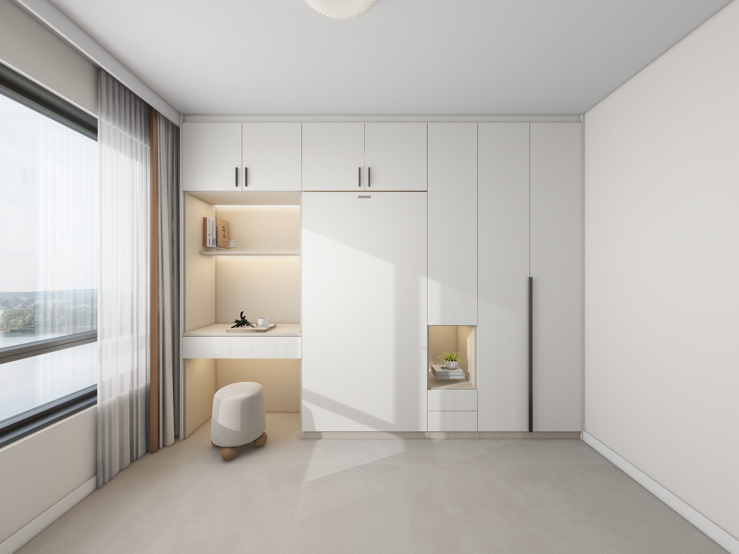 Bedroom 2 Space Saving Beds with Casement Wardrobe with Open Shelves with Study Table  (10.5 feet)