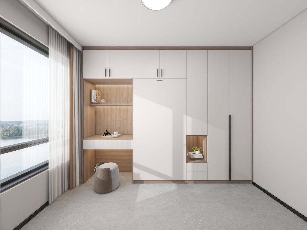 Bedroom 2 Space Saving Beds with Casement Wardrobe with Open Shelves with Study Table  (10.5 feet)