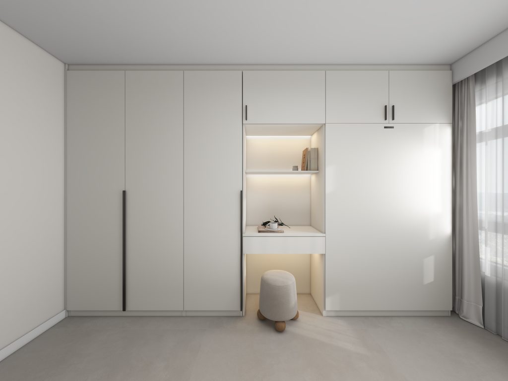 Bedroom 2 Space Saving Beds with Casement Wardrobe with Open Shelves  (11.5 feet)