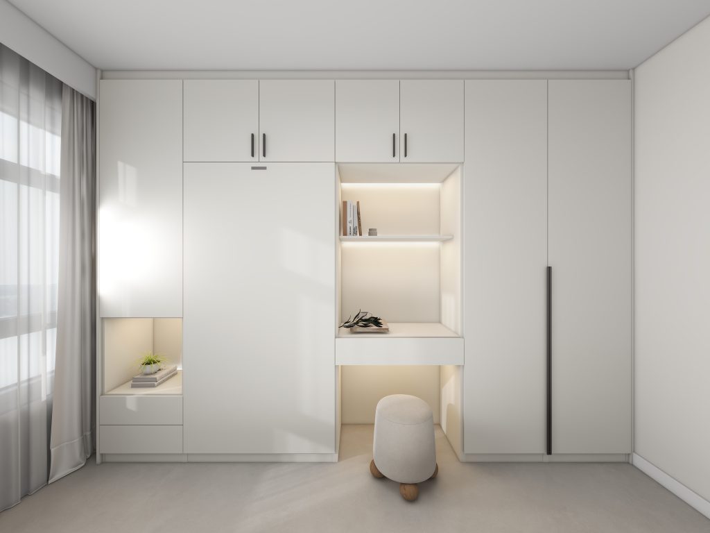 Bedroom 2 Space Saving Beds with Casement Wardrobe with Open Shelves  (11.5 feet)