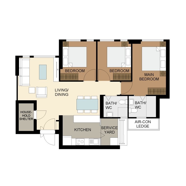 Woodlands Urban Ville 2-Room  Area 1 Design A (Kitchen, Master Bedroom, and Bathroom Cabinets)