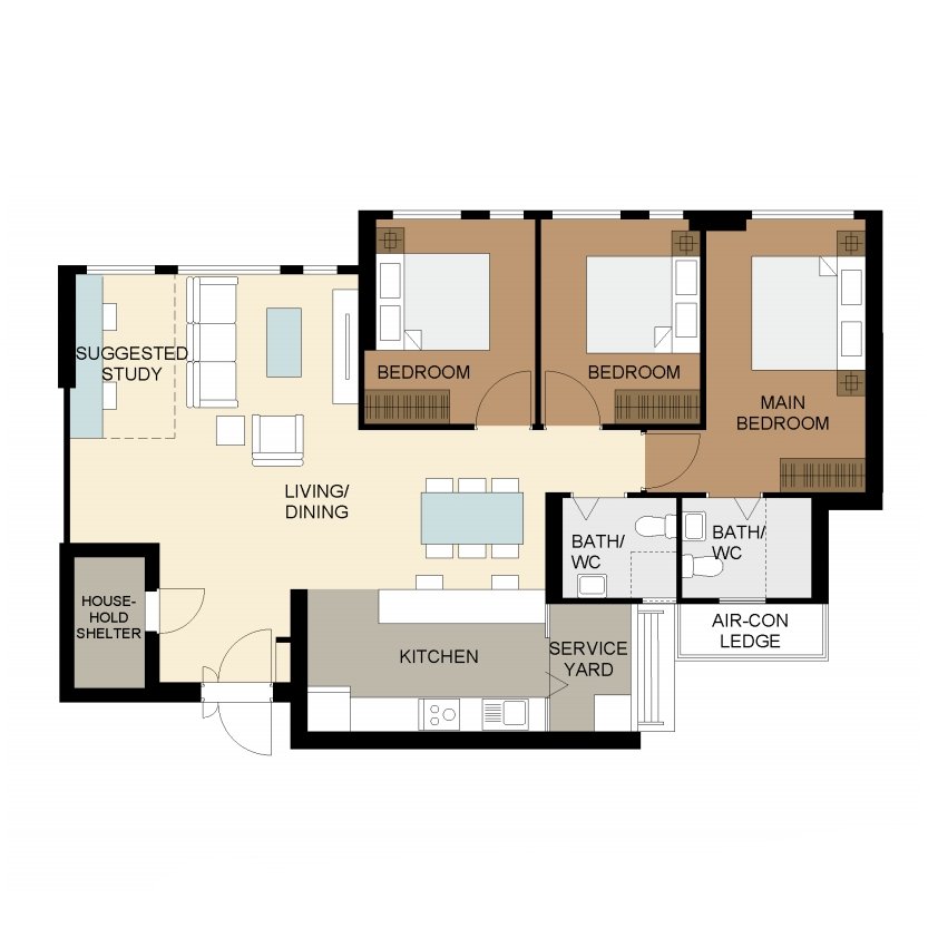 Woodlands Urban Ville 2-Room  Area 1 Design A (Kitchen, Master Bedroom, and Bathroom Cabinets)