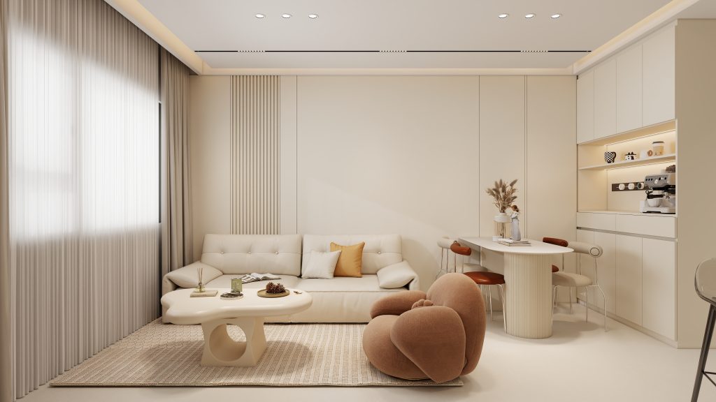 Living sofa behind Feature Wall