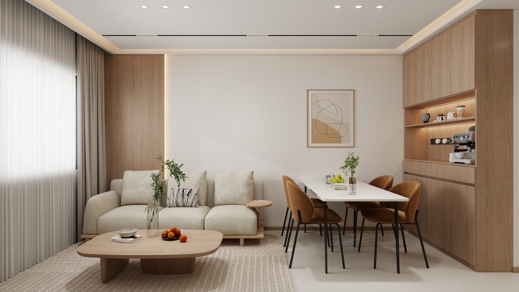 Living sofa behind Feature Wall