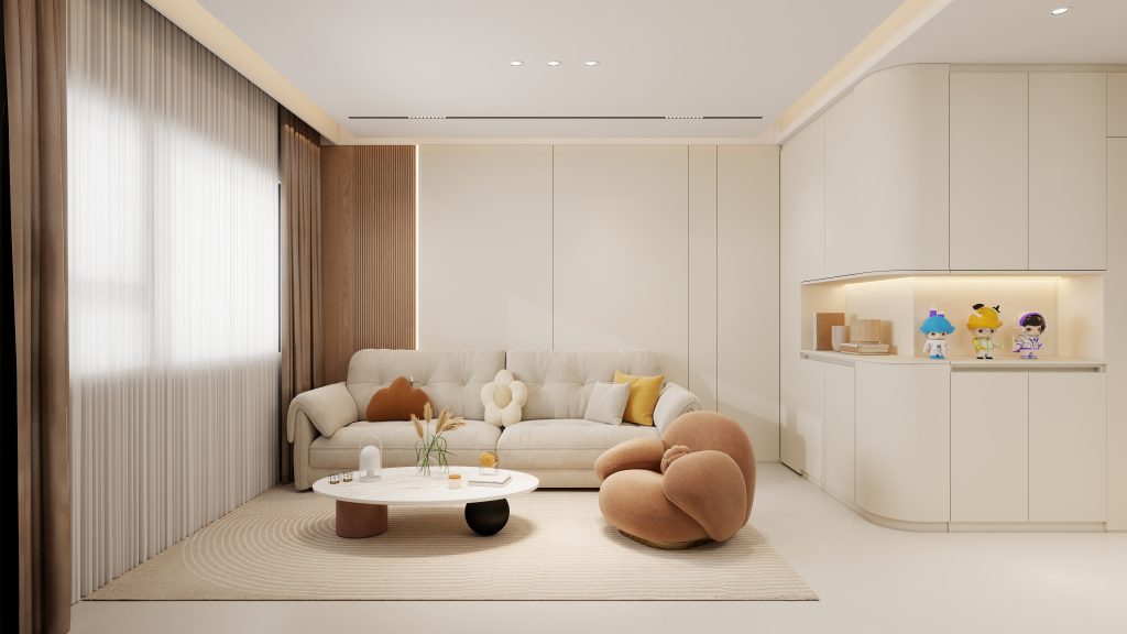 Living sofa behind Feature Wall
