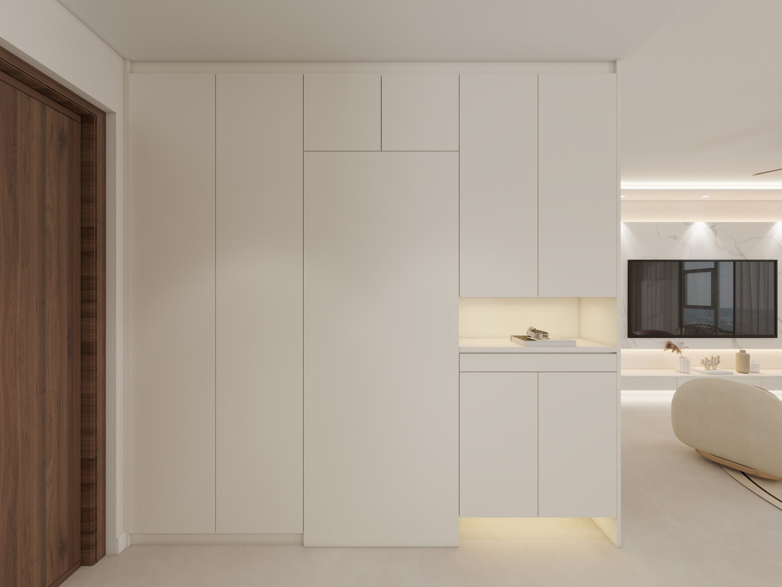 Concealed shoe cabinet and DB box in minimalist HDB design
