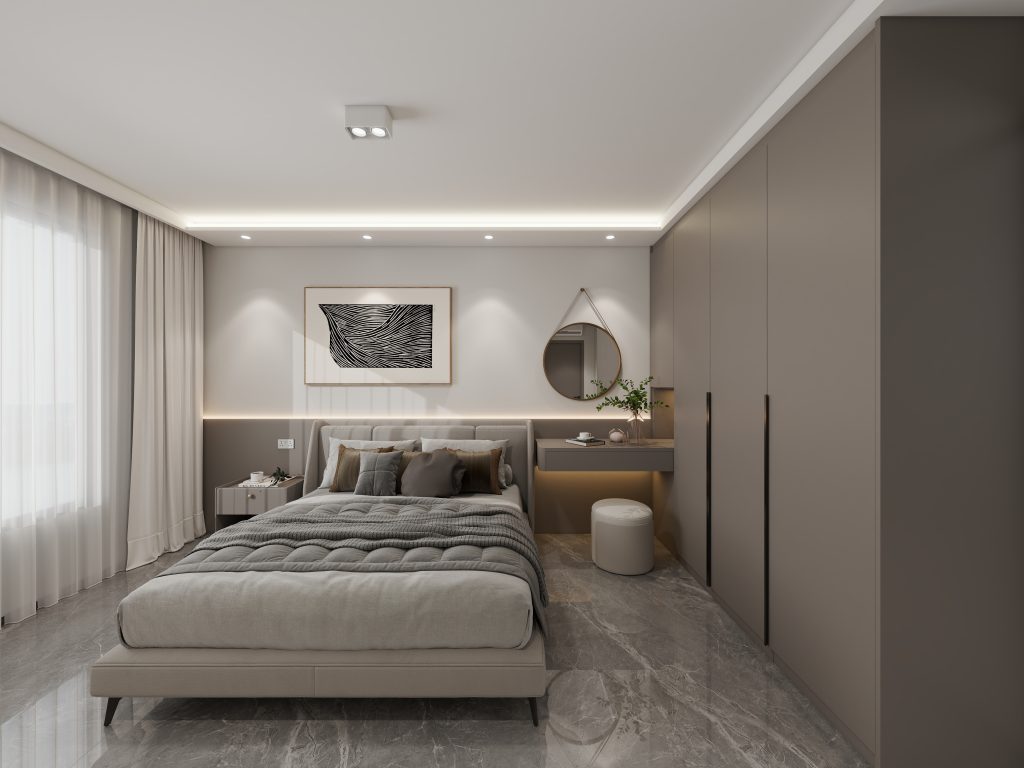 Built-in HDB wardrobe in walnut wood tone with soft-close drawers