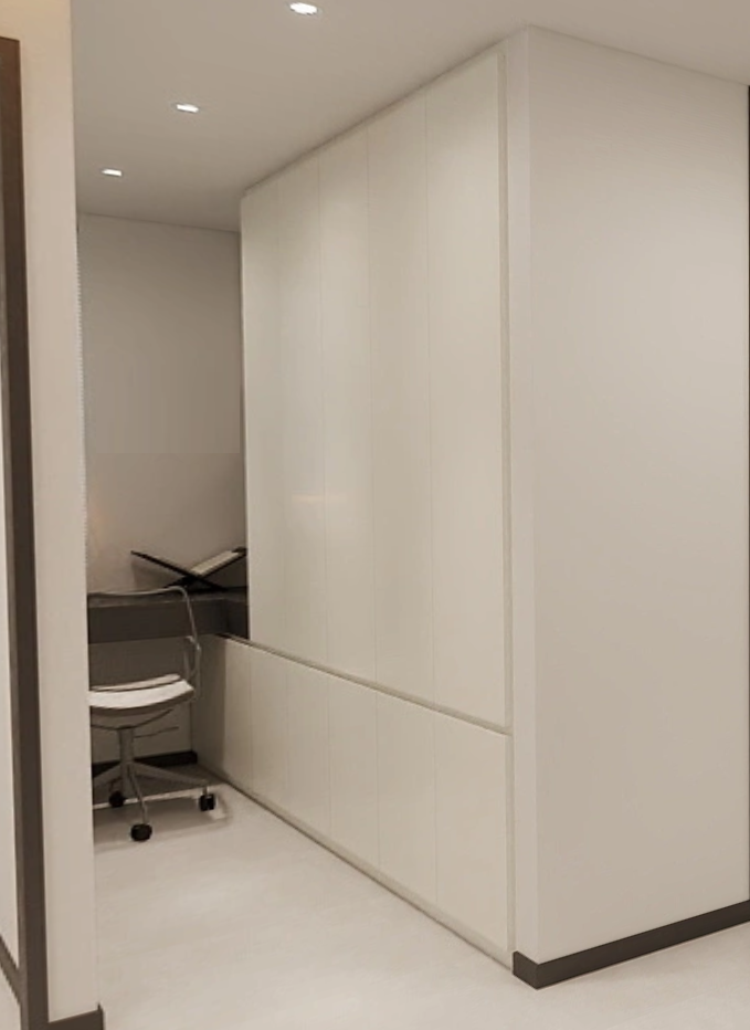 Bedroom 1 Full Height Storage Cabinet & L shape Study Table with Top hung Cabinet