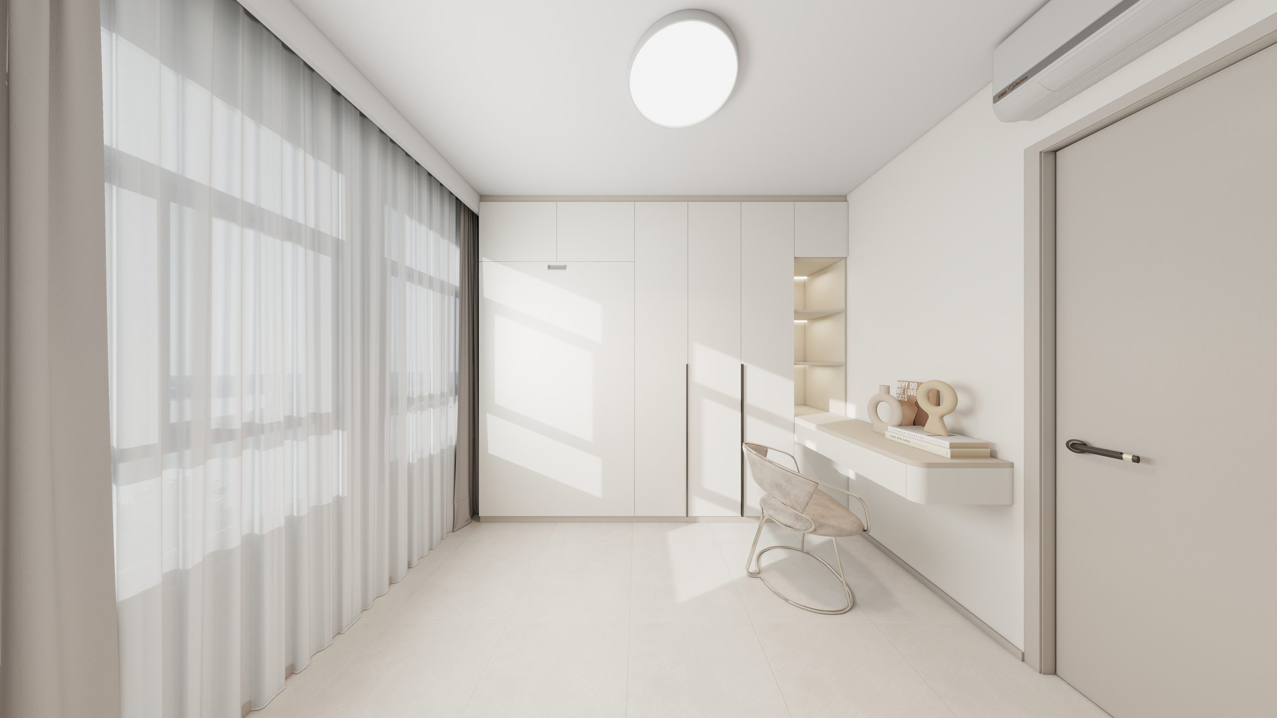 Bedroom 2 Space-Saving Bed with Casement Wardrobe and Study table