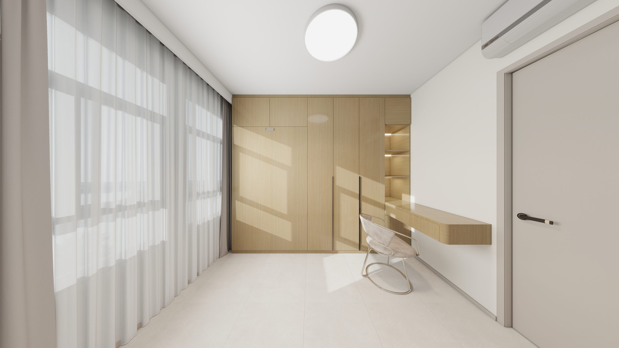 Bedroom 2 Space-Saving Bed with Casement Wardrobe and Study table