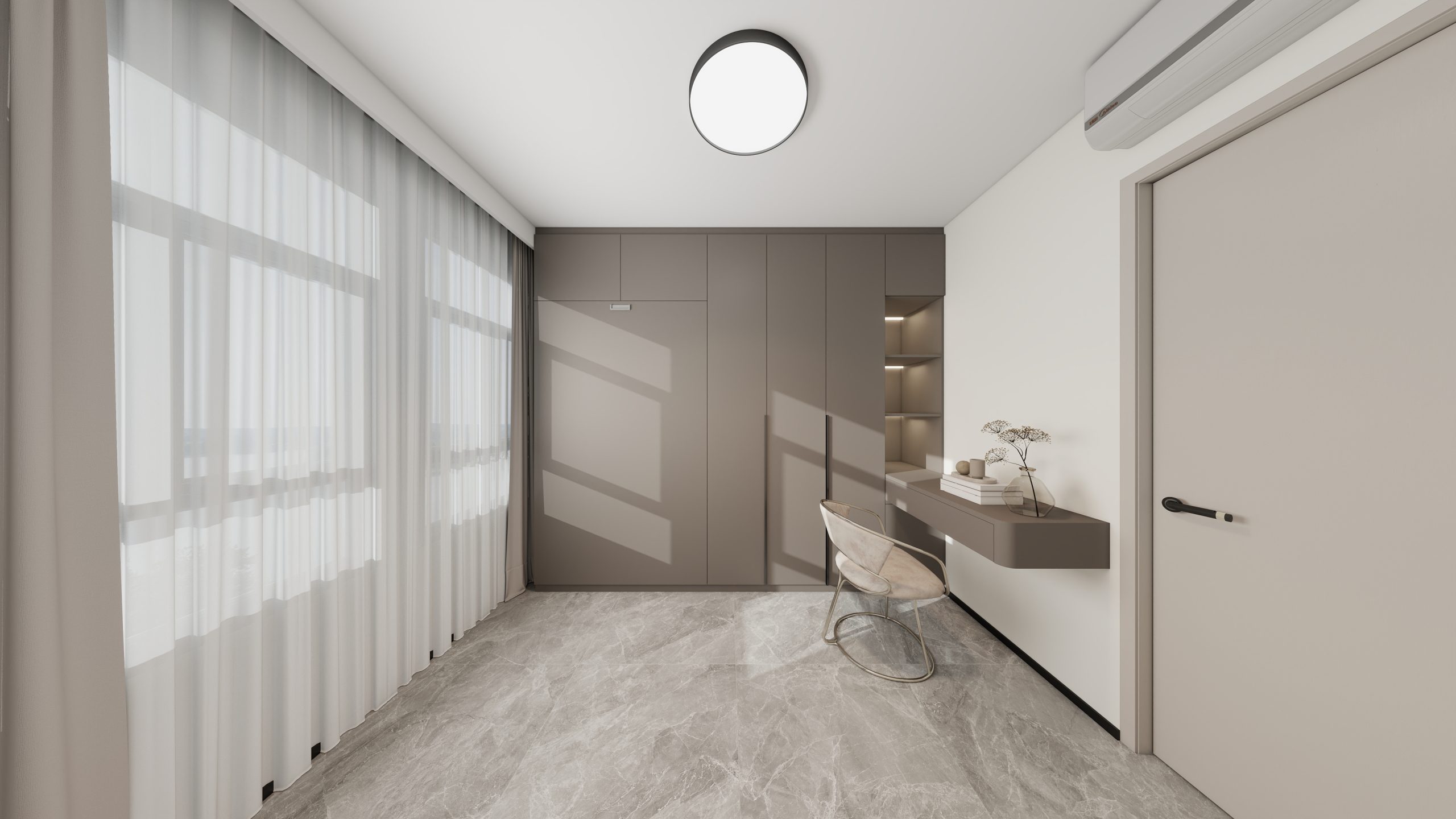 Bedroom 2 Space-Saving Bed with Casement Wardrobe and Study table