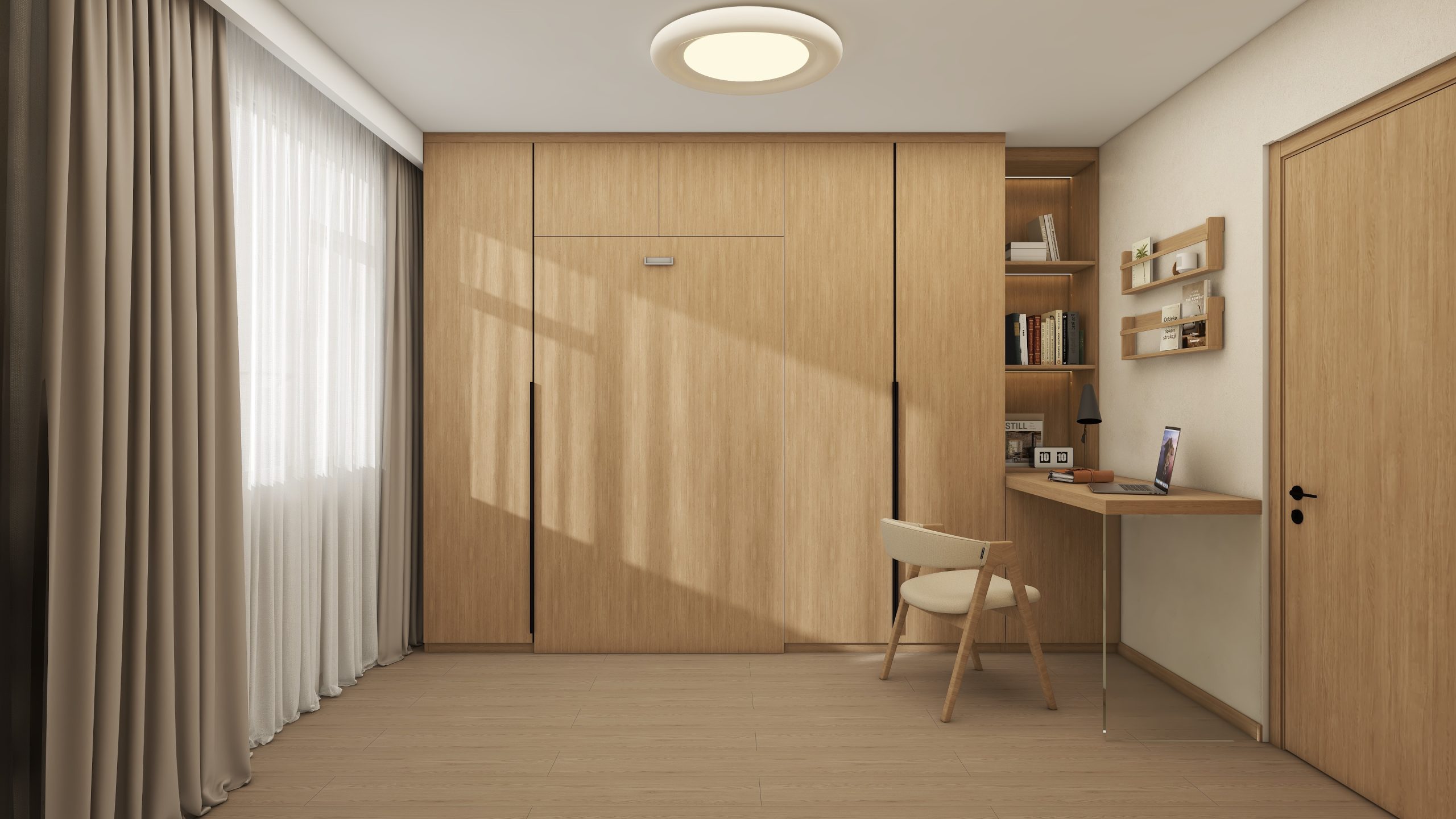 Bedroom 2 Space-Saving Bed with Casement Wardrobe and Study table