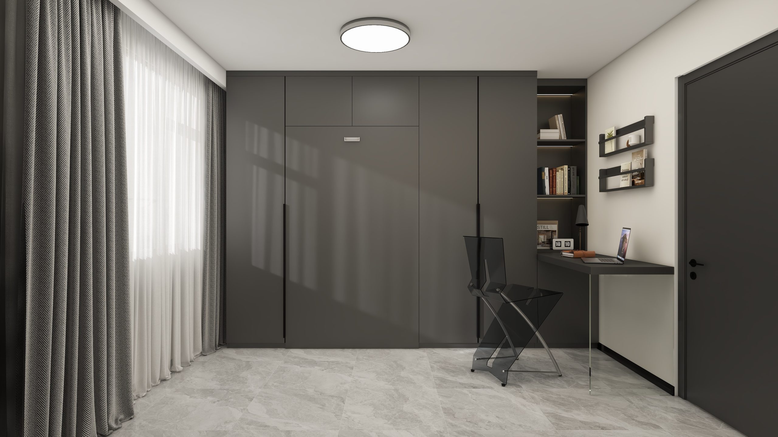 Bedroom 2 Space-Saving Bed with Casement Wardrobe and Study table