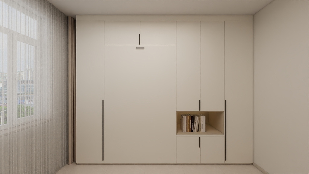 Bedroom 2 Space-Saving Bed with Casement Wardrobe with Open Shelves