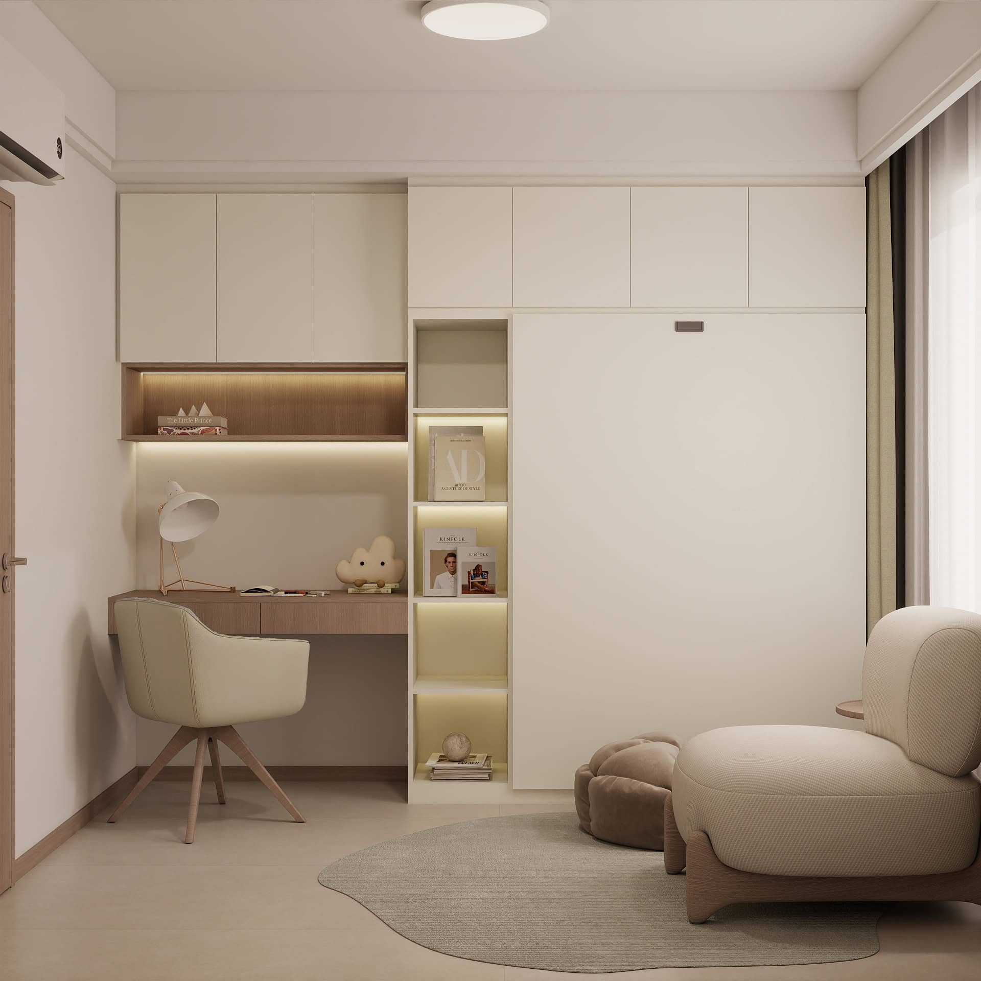 Bedroom 2 Space-Saving Bed with Casement Wardrobe and Study table