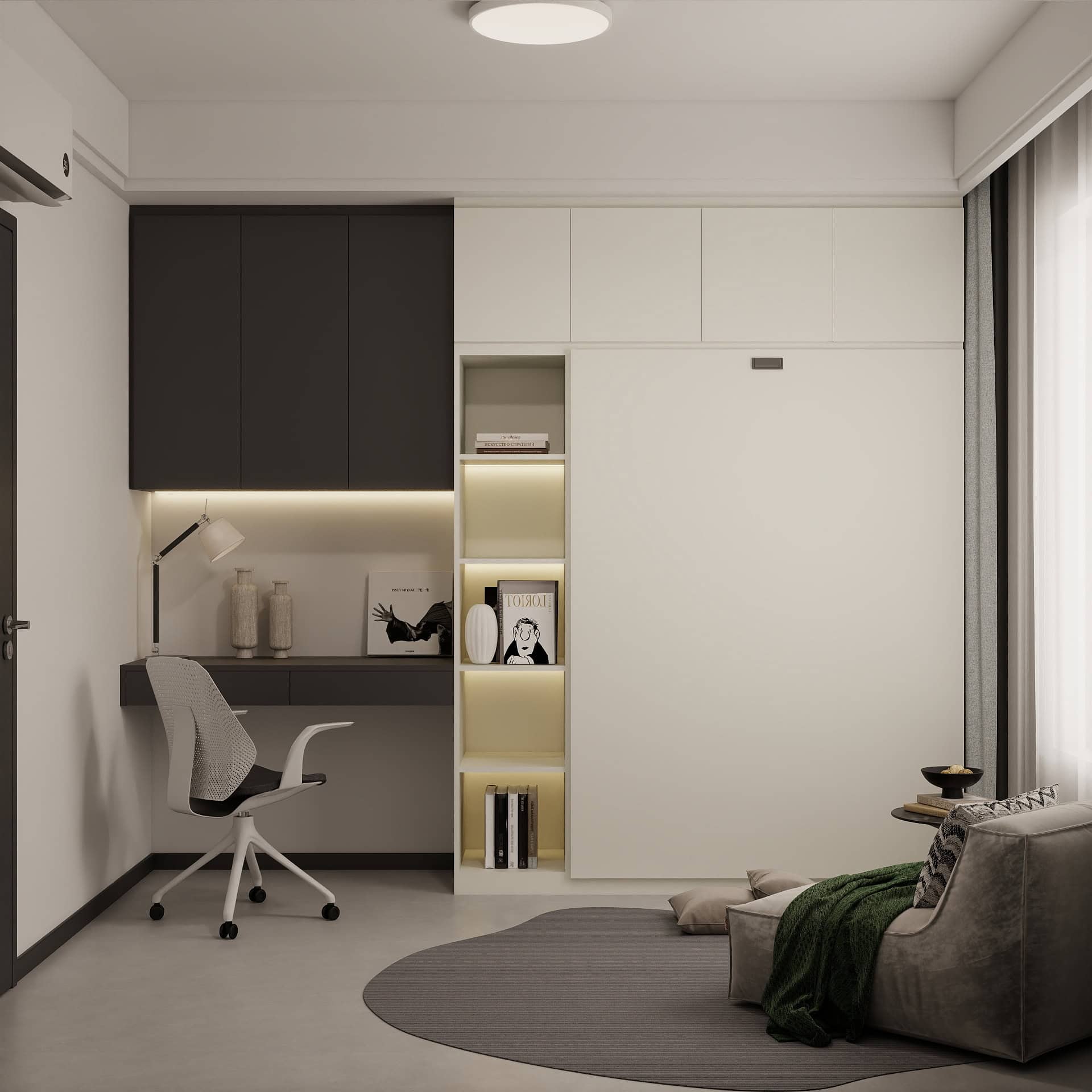 Bedroom 2 Space-Saving Bed with Casement Wardrobe and Study table