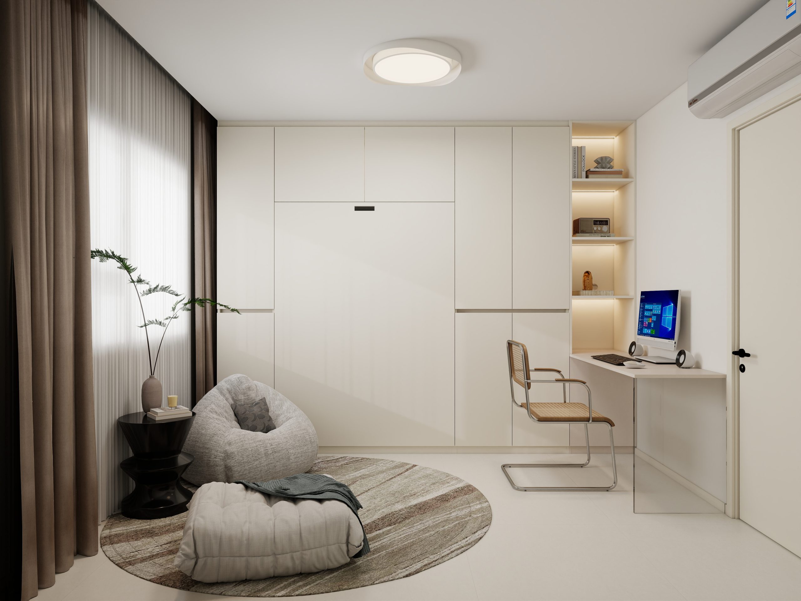 Bedroom 2 Space-Saving Bed with Casement Wardrobe and Study table