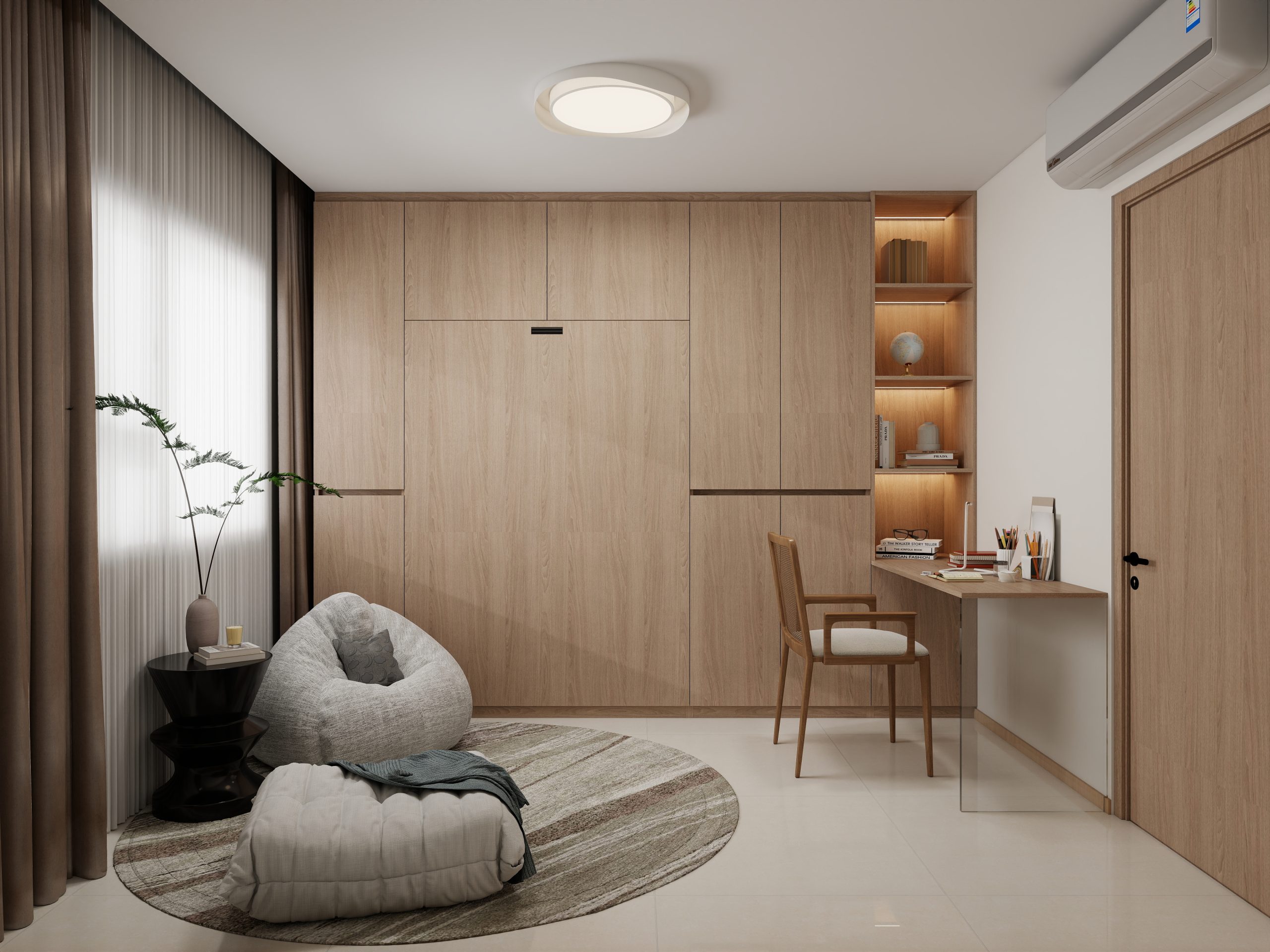 Bedroom 2 Space-Saving Bed with Casement Wardrobe and Study table