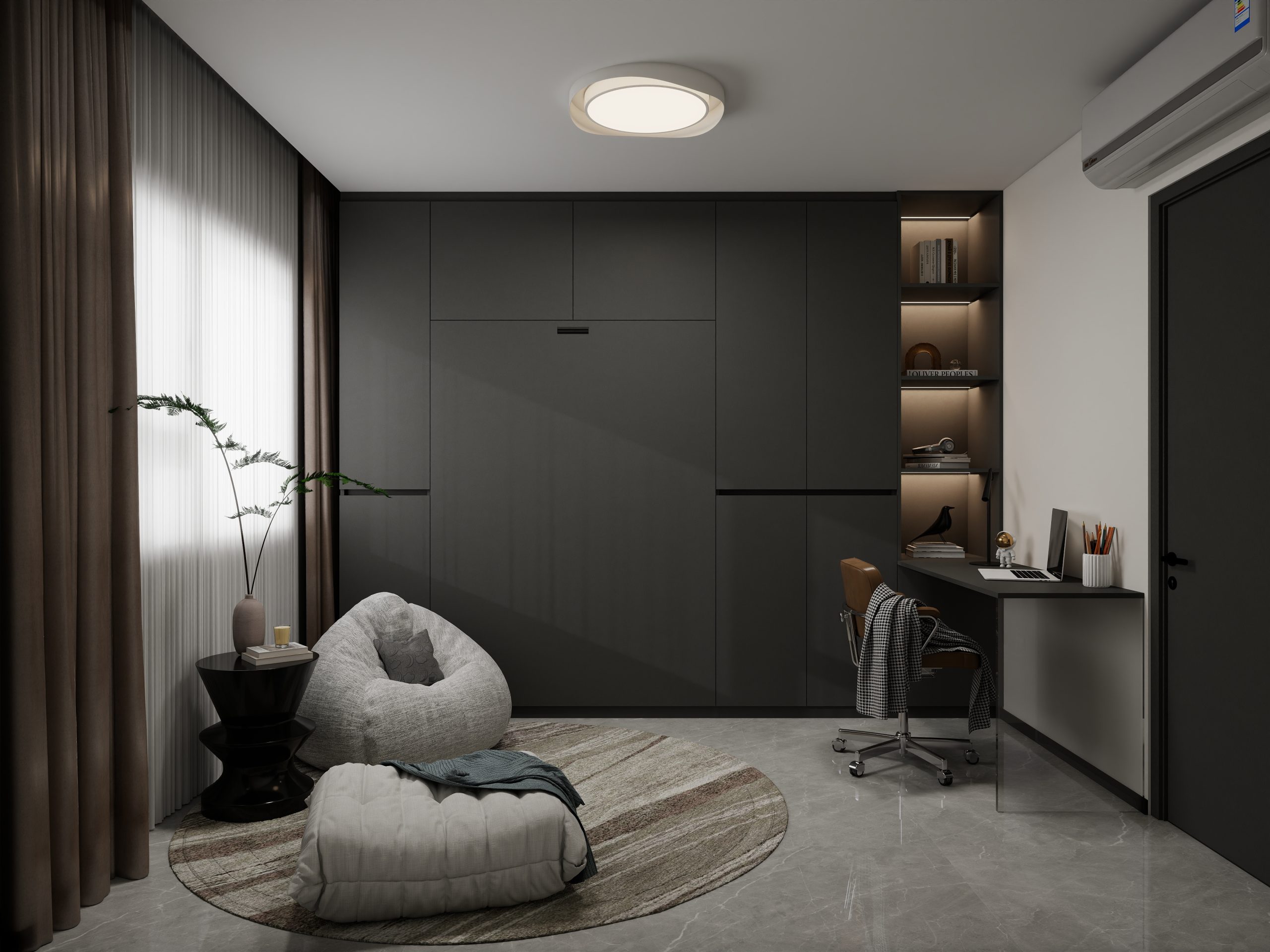 Bedroom 2 Space-Saving Bed with Casement Wardrobe and Study table