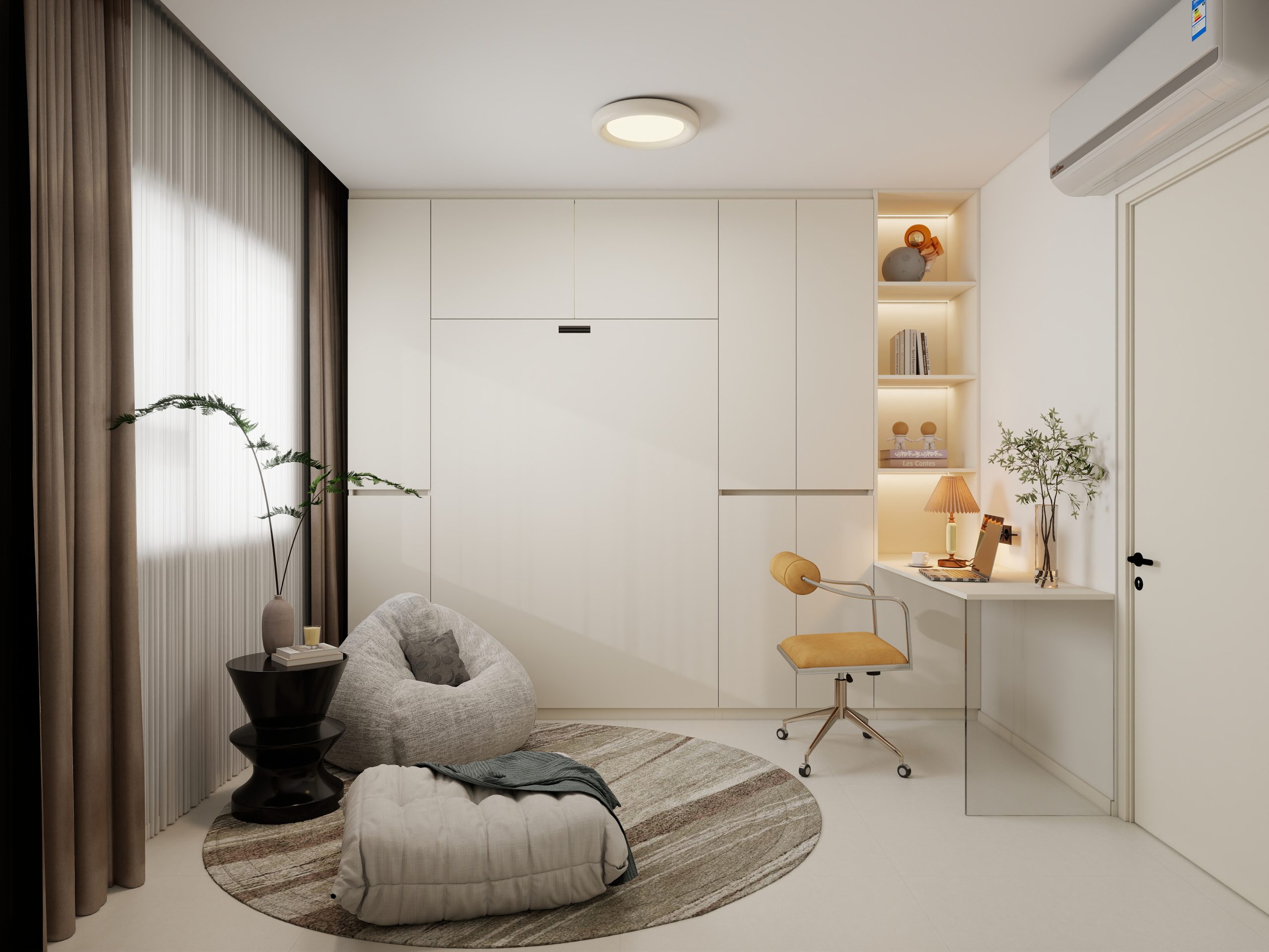 Bedroom 2 Space-Saving Bed with Casement Wardrobe and Study table