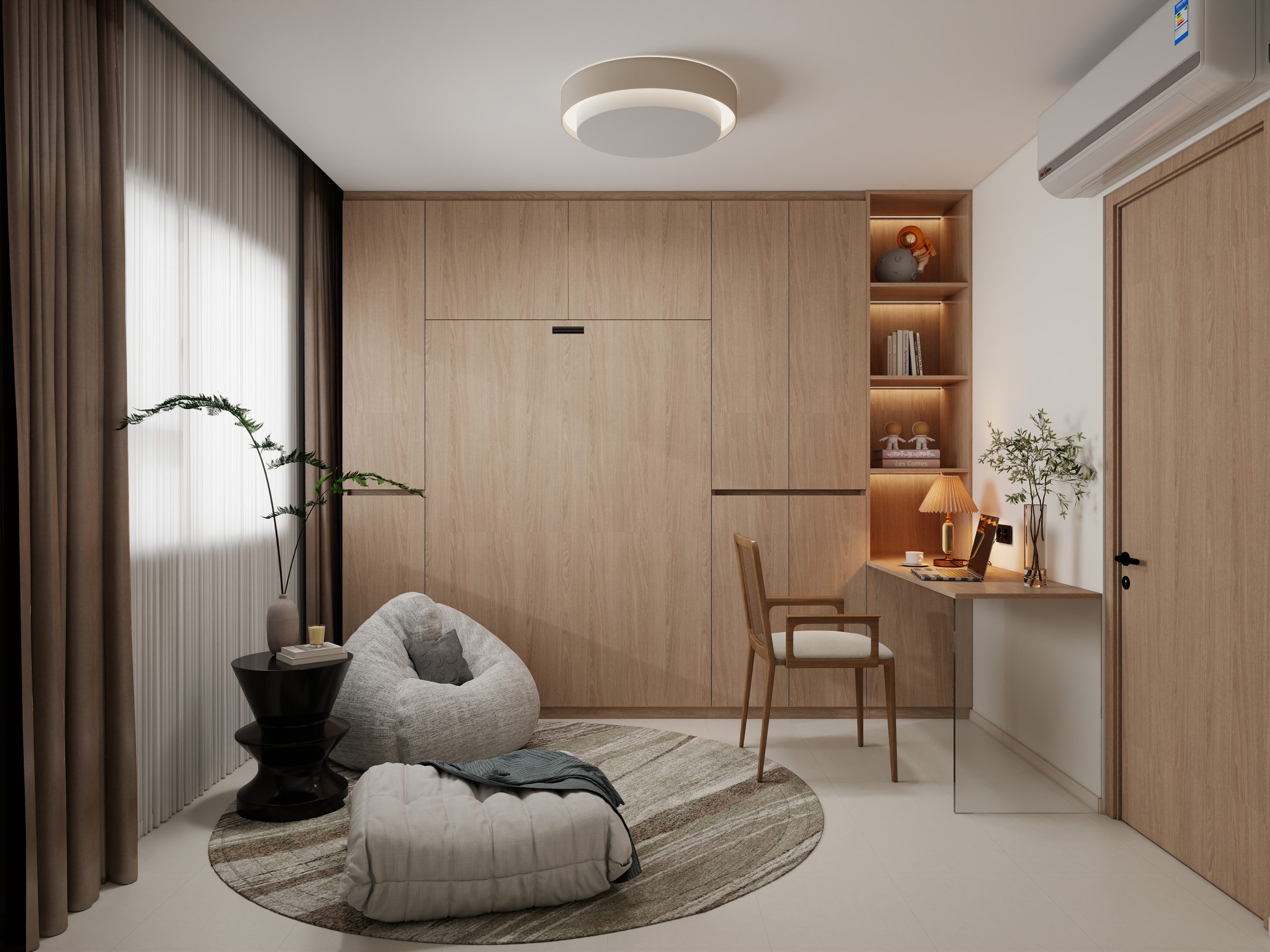 Bedroom 2 Space-Saving Bed with Casement Wardrobe and Study table