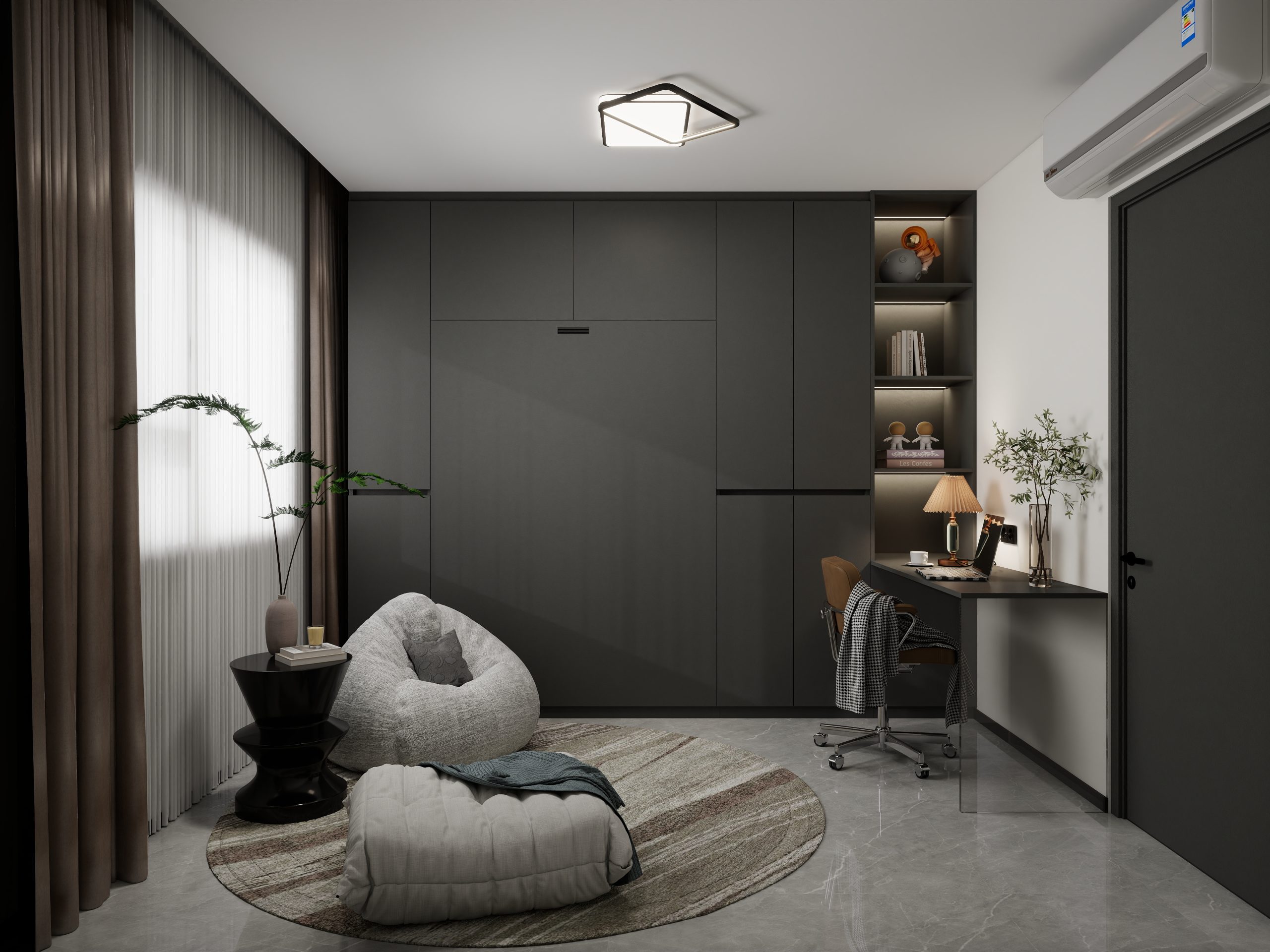 Bedroom 2 Space-Saving Bed with Casement Wardrobe and Study table