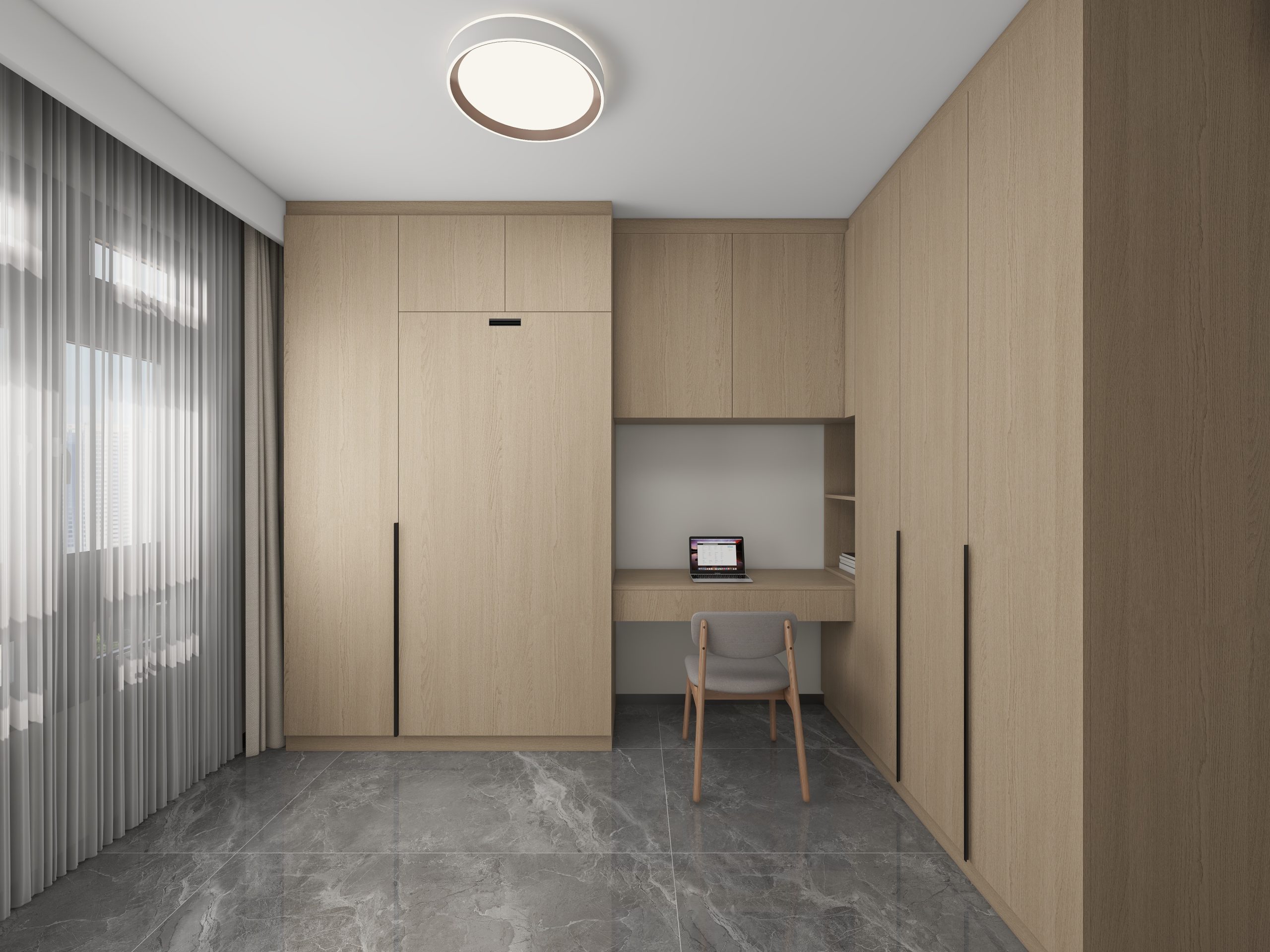 Bedroom 2 Space-Saving Bed with Casement Wardrobe and Study table
