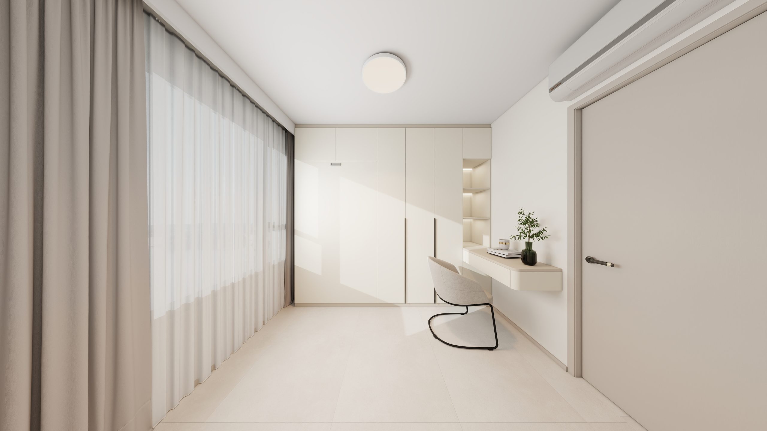 Bedroom 2 Space-Saving Bed with Casement Wardrobe and Study table