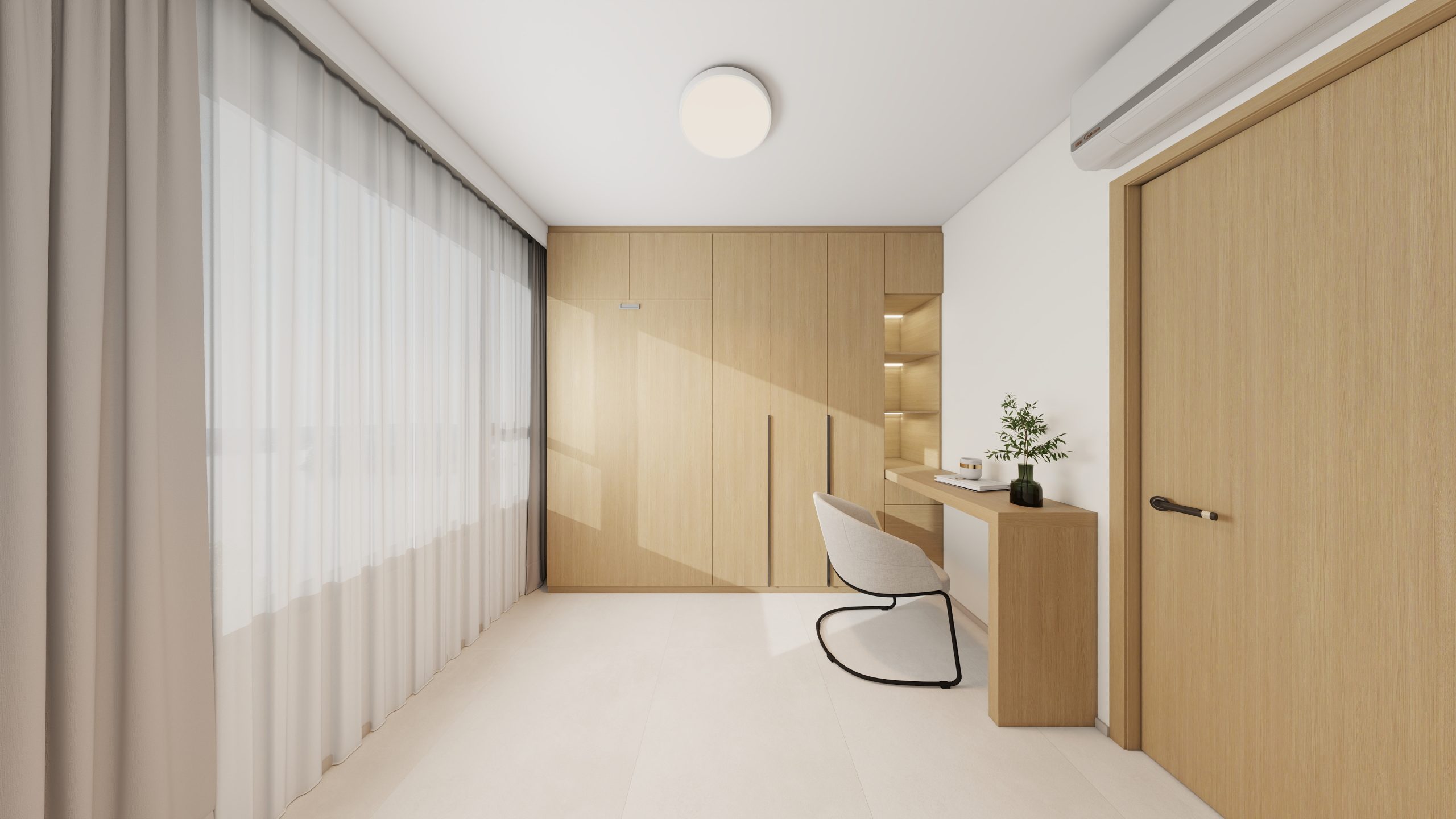 Bedroom 2 Space-Saving Bed with Casement Wardrobe and Study table