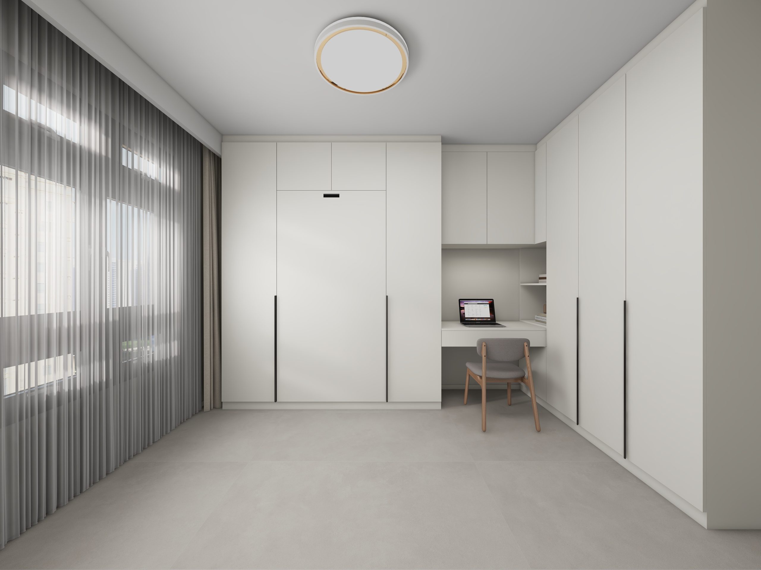Bedroom 2 Space-Saving Bed with Casement Wardrobe and Study table