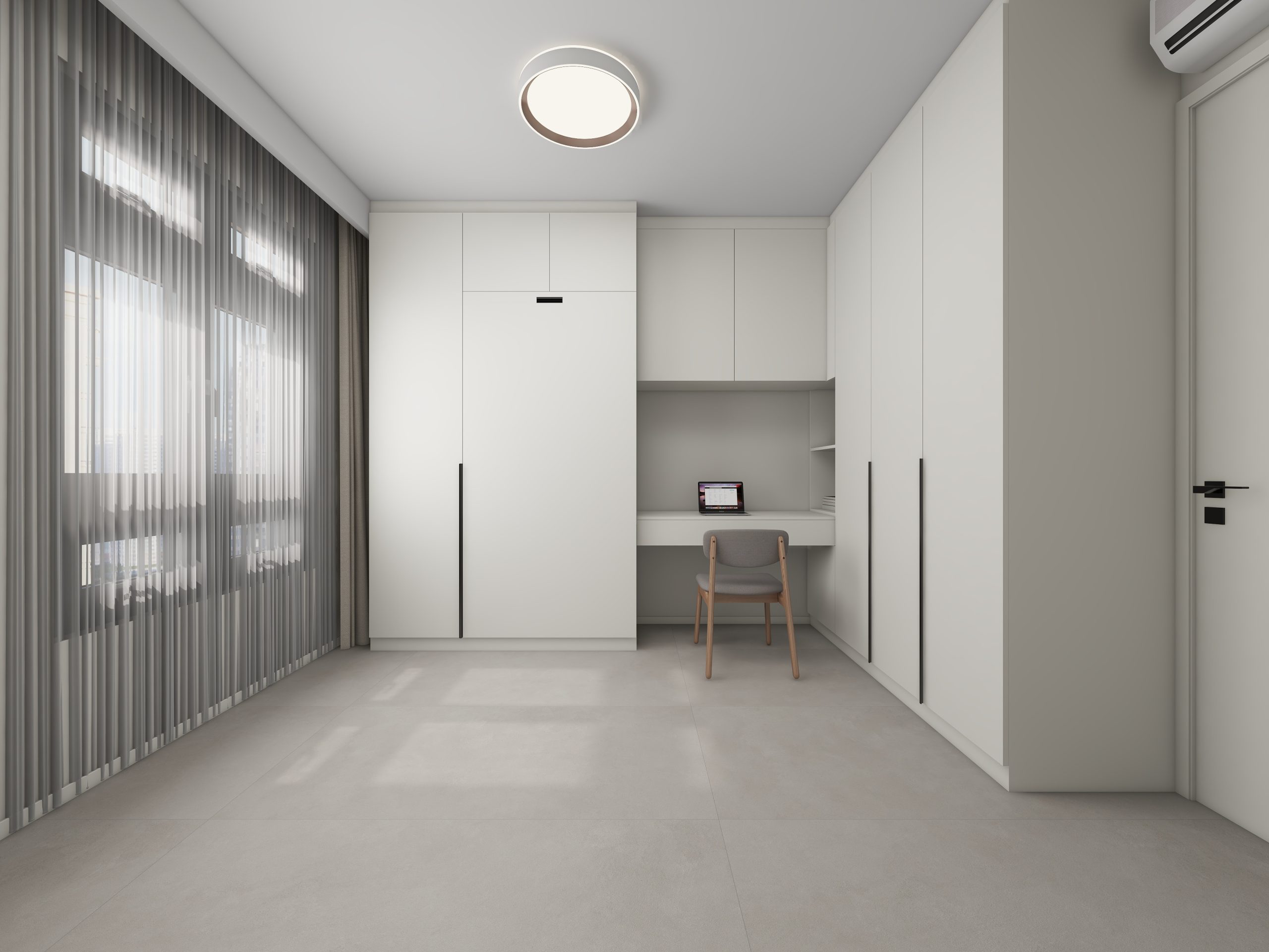 Bedroom 2 Space-Saving Bed with Casement Wardrobe and Study table