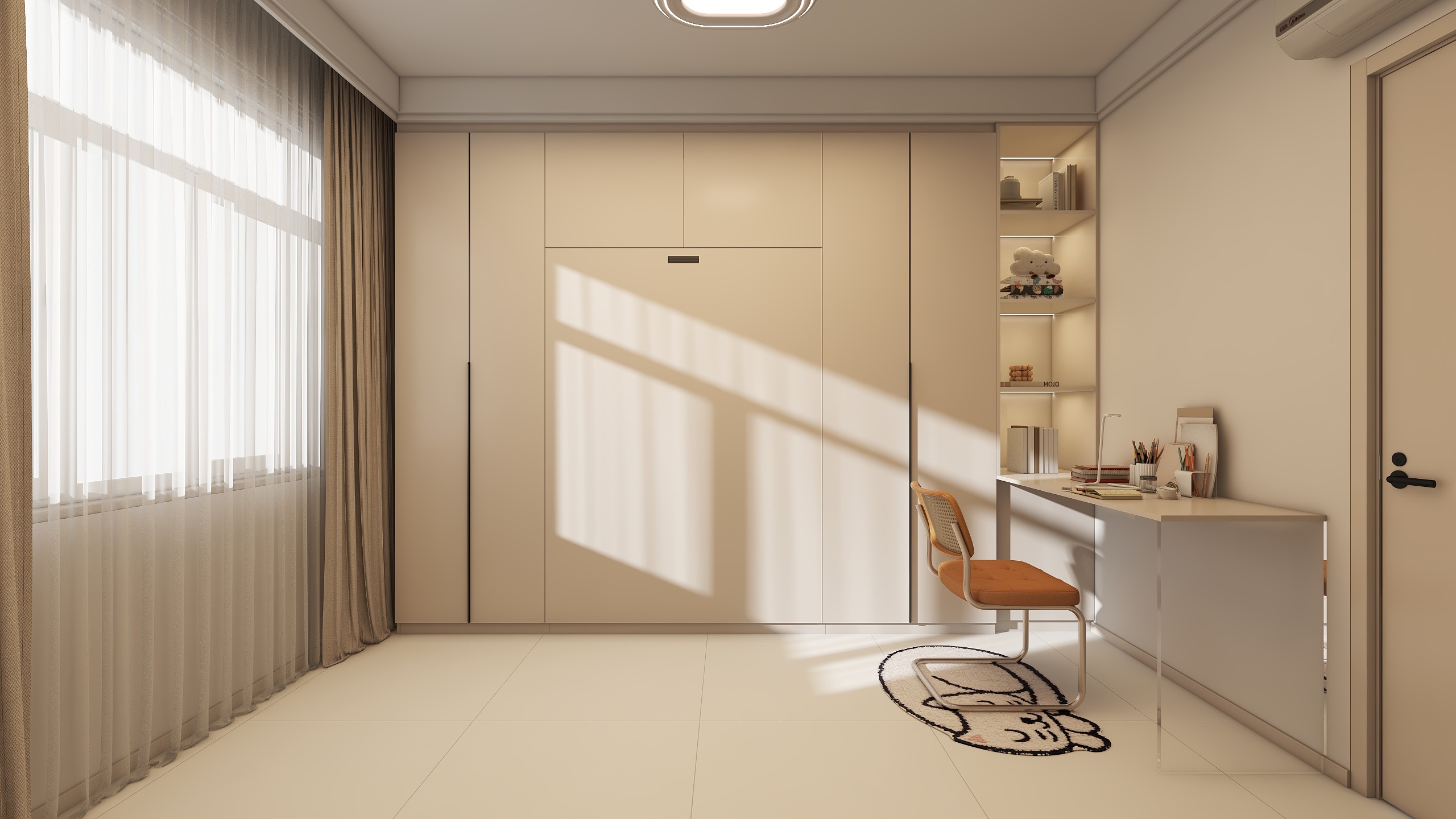 Bedroom 2 Space-Saving Bed with Casement Wardrobe and Study table