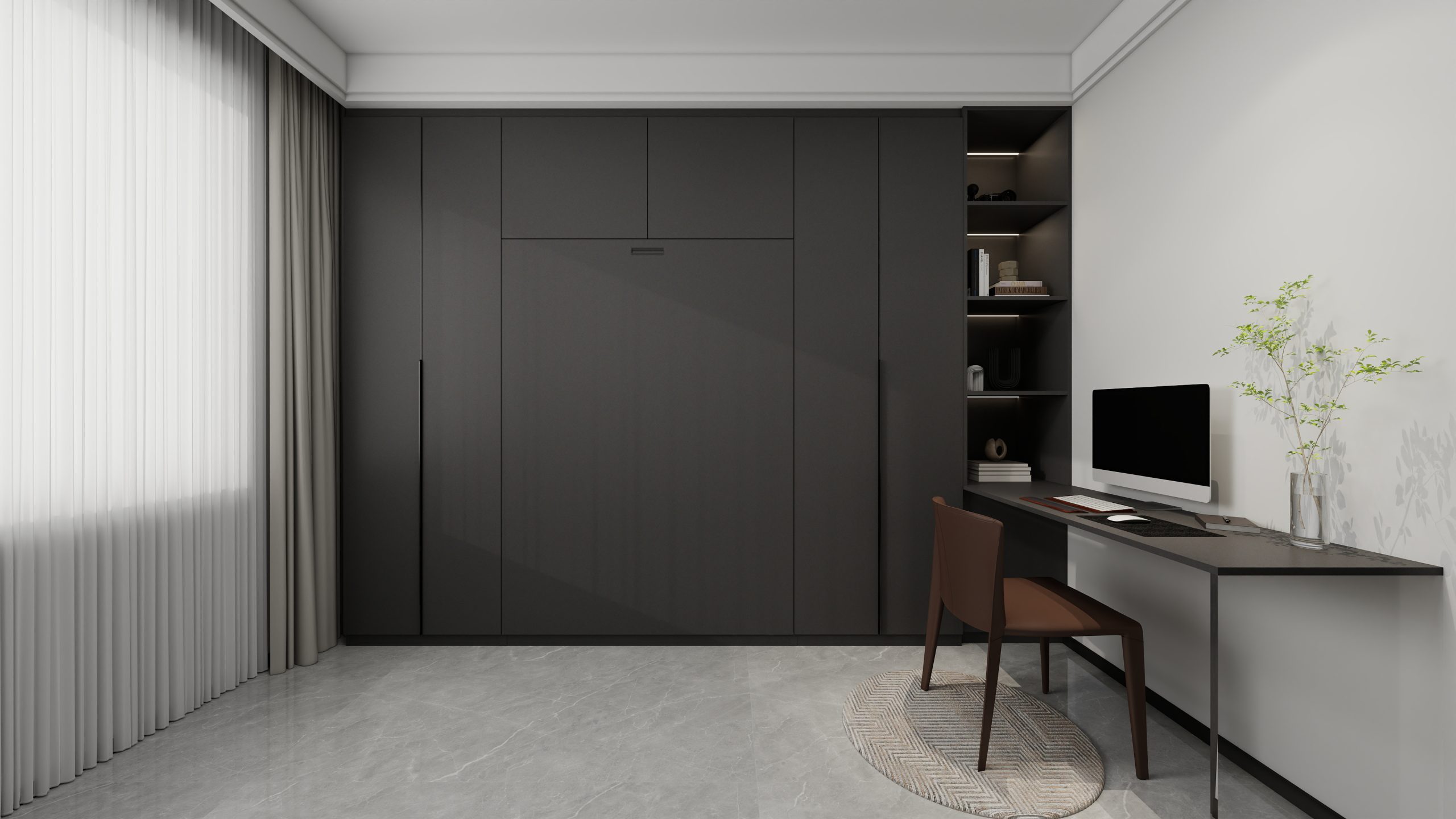 Bedroom 2 Space-Saving Bed with Casement Wardrobe and Study table