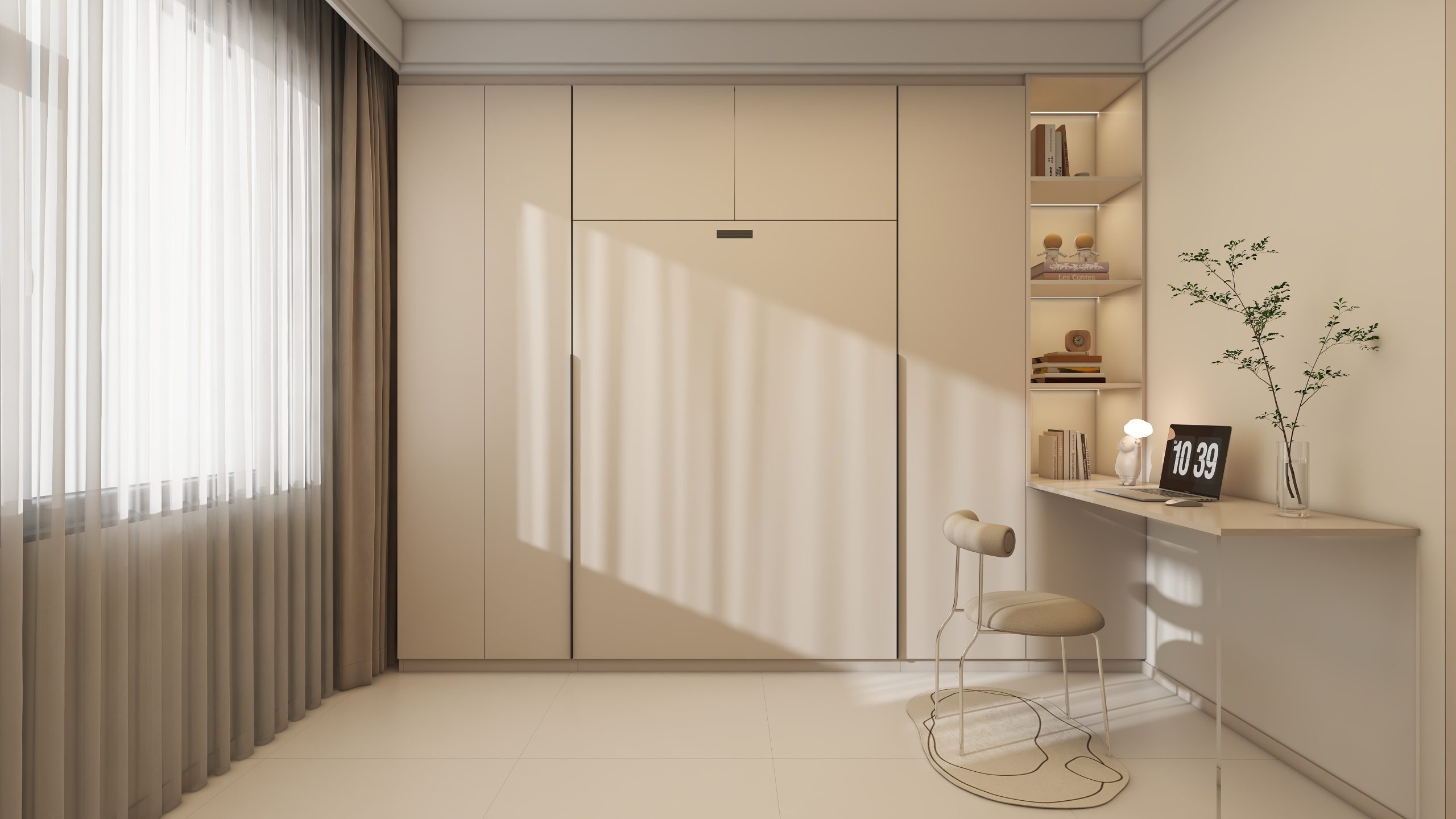 Bedroom 2 Space-Saving Bed with Casement Wardrobe and Study table