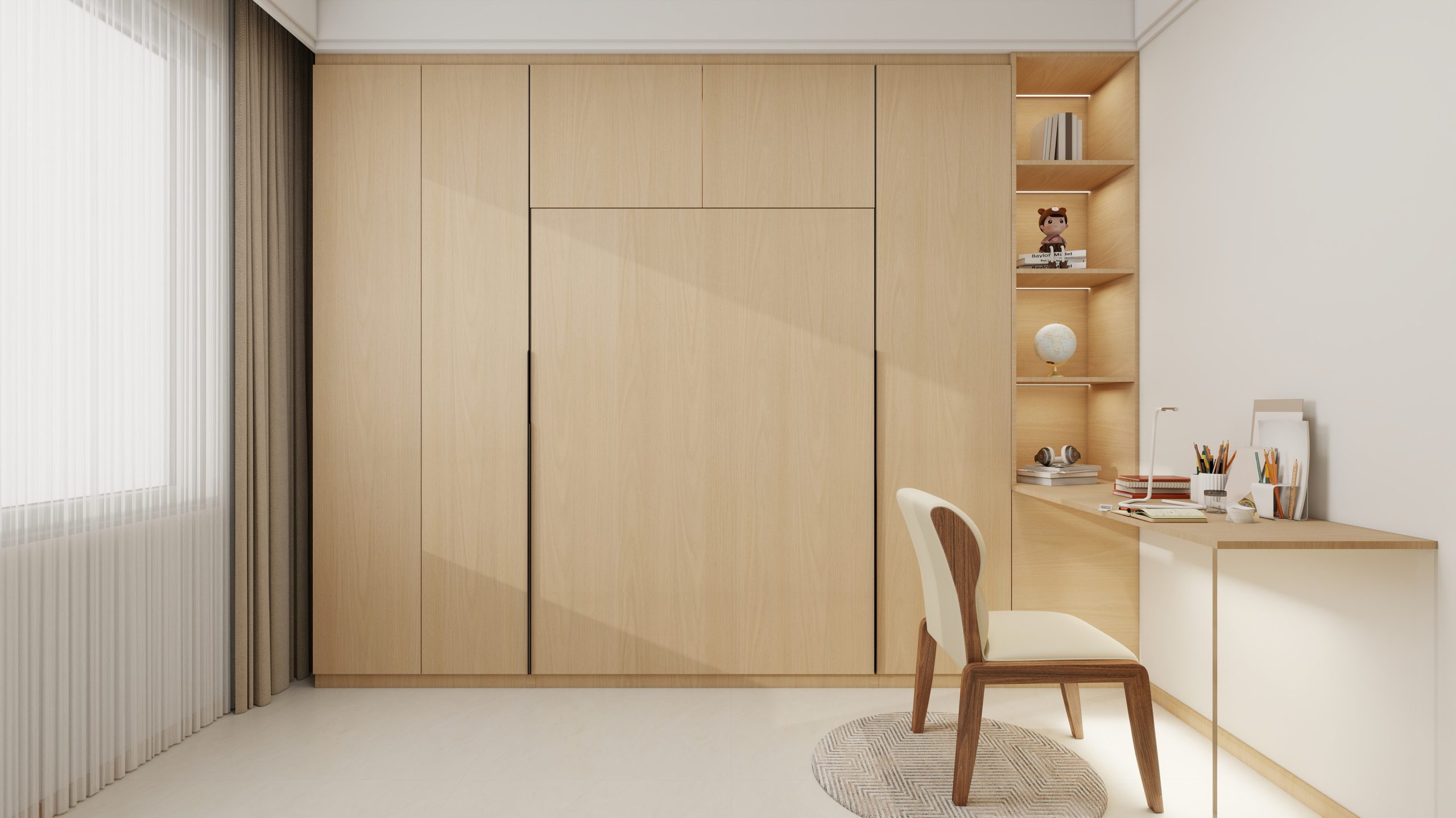 Bedroom 2 Space-Saving Bed with Casement Wardrobe and Study table
