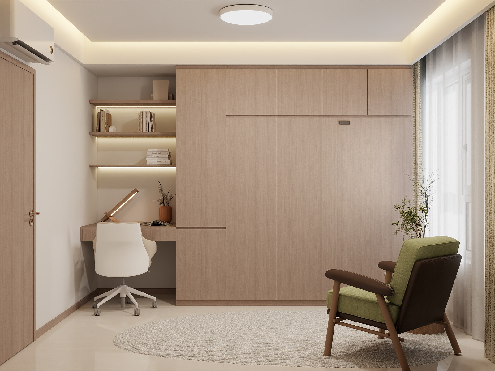 Bedroom 2 Space-Saving Bed with Casement Wardrobe and Study table