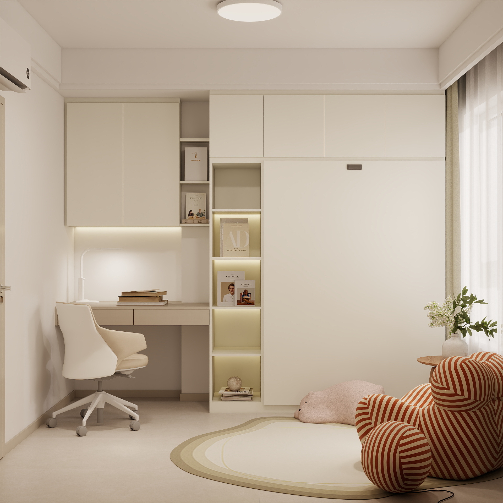 Bedroom 2 Space-Saving Bed with Casement Wardrobe and Study table