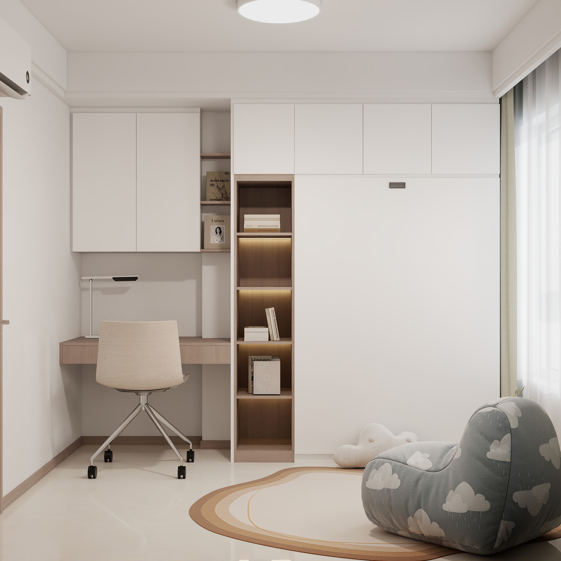 Bedroom 2 Space-Saving Bed with Casement Wardrobe and Study table