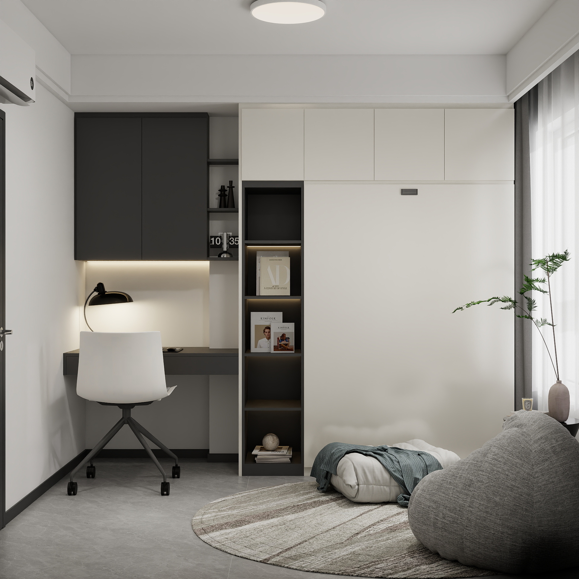 Bedroom 2 Space-Saving Bed with Casement Wardrobe and Study table