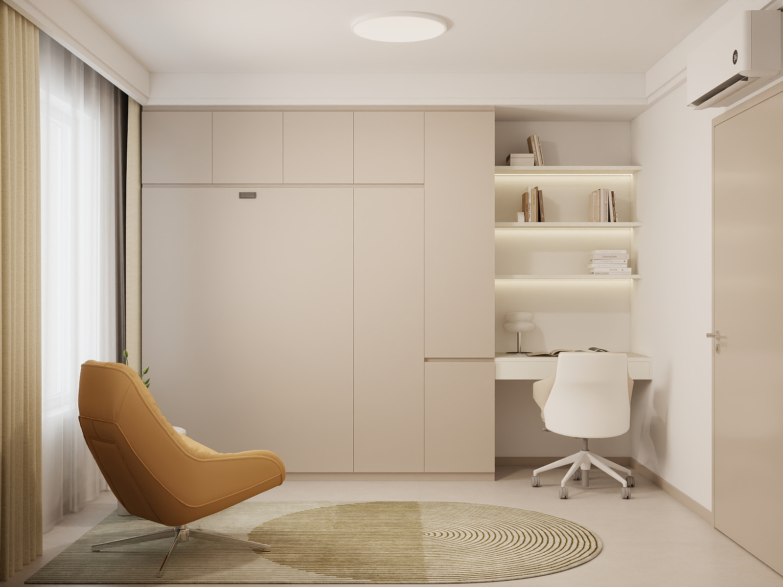 Bedroom 2 Space-Saving Bed with Casement Wardrobe and Study table