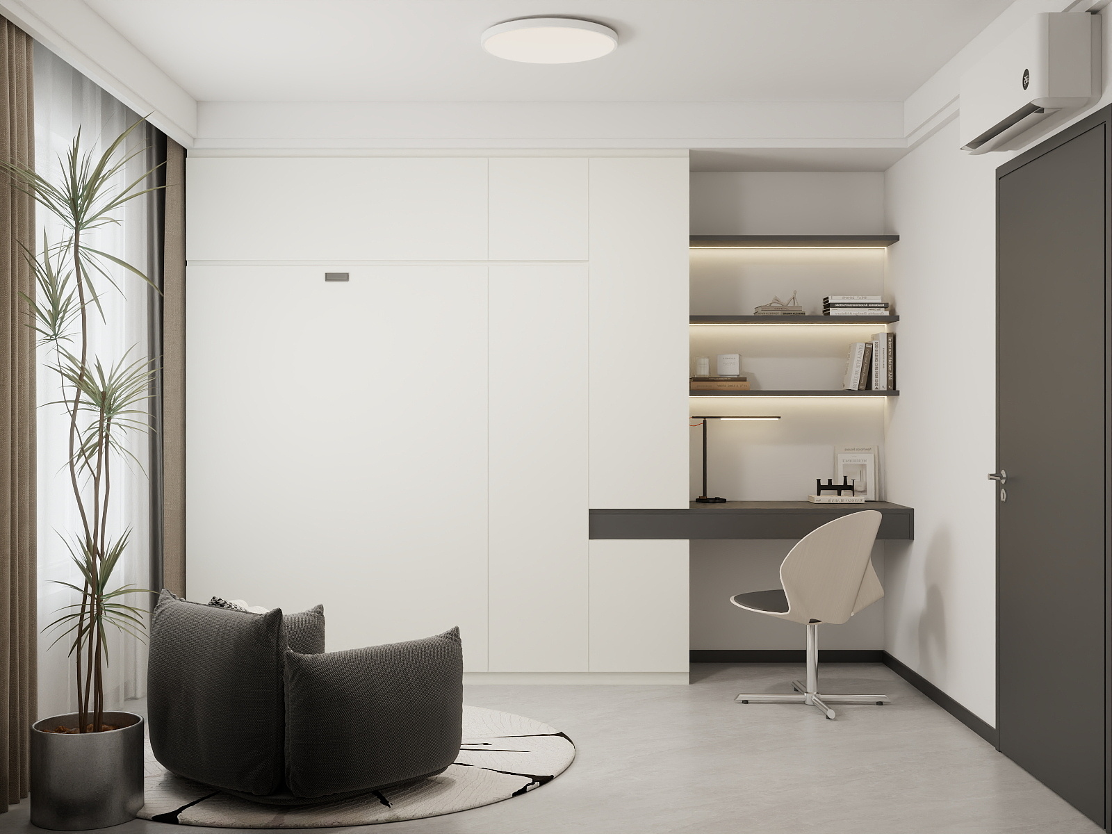 Bedroom 2 Space-Saving Bed with Casement Wardrobe and Study table