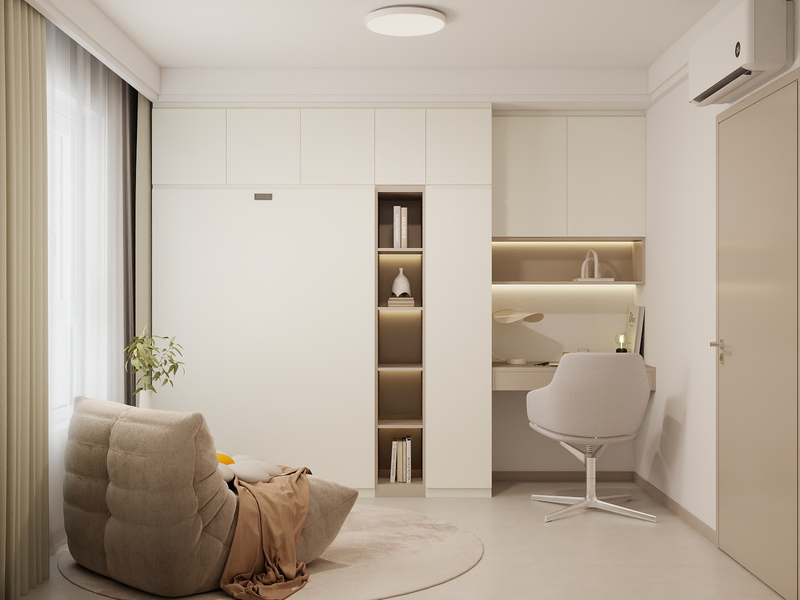 Bedroom 2 Space-Saving Bed with Casement Wardrobe and Study table