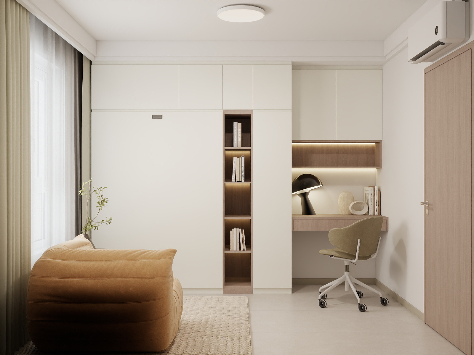 Bedroom 2 Space-Saving Bed with Casement Wardrobe and Study table