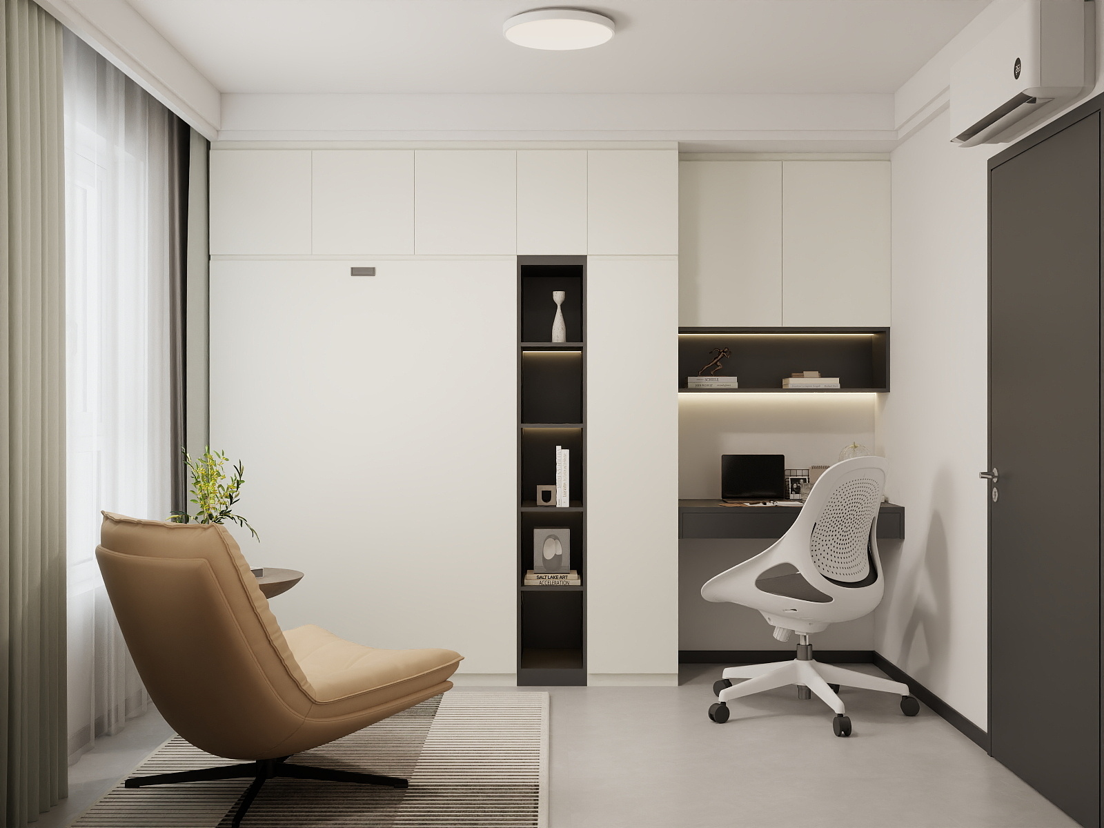 Bedroom 2 Space-Saving Bed with Casement Wardrobe and Study table